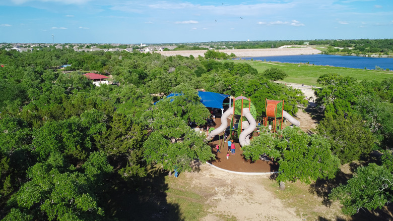 Aerial views of Brushy Creek Lake Park near Austin, Texas.