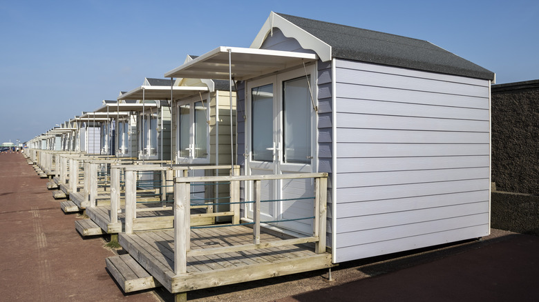 Beach huts at St Annes Beach in Lancashire, England