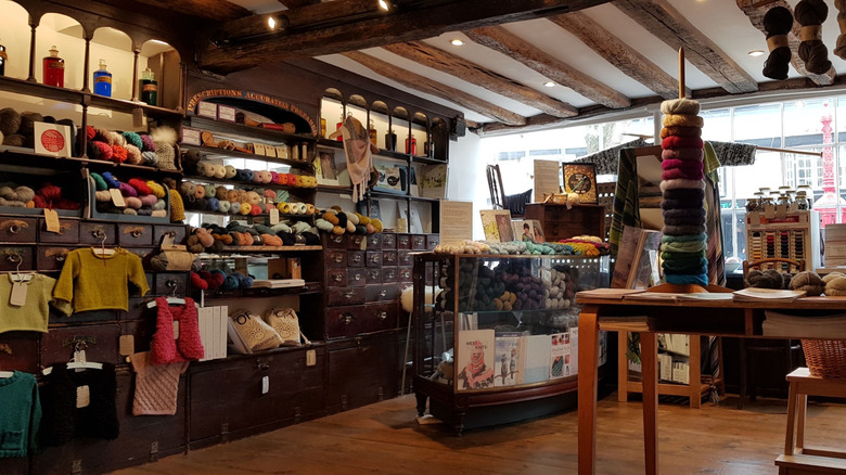 Displays inside The Yarn Dispensary, shop in Faversham, Kent, UK