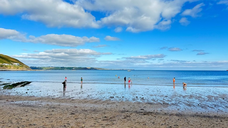 People paddling and swimming under a cloudy sky on Myrtleville Beach, Ireland
