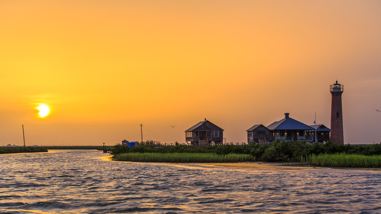 The Lydia Ann Lighthouse at sunset in Aransas Pass, Texas