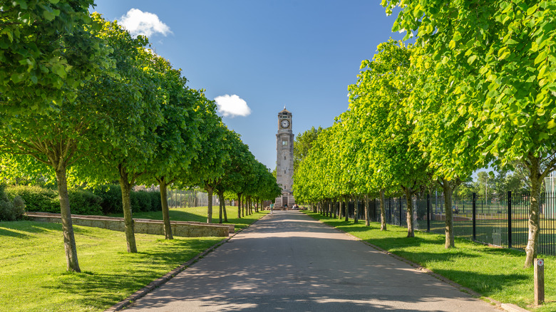 A tree-lined path leading to a clock tower at Stanley Park on a sunny day