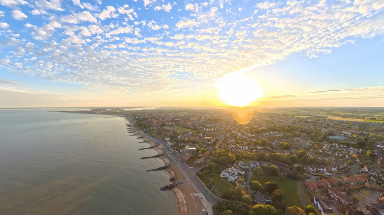 Aerial view of the beach and sunset over Felixstowe, England