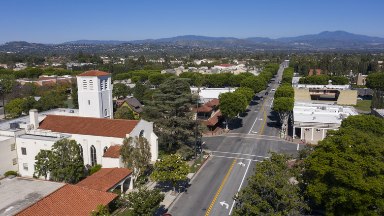 Aerial view of the historic district in downtown Tustin, California
