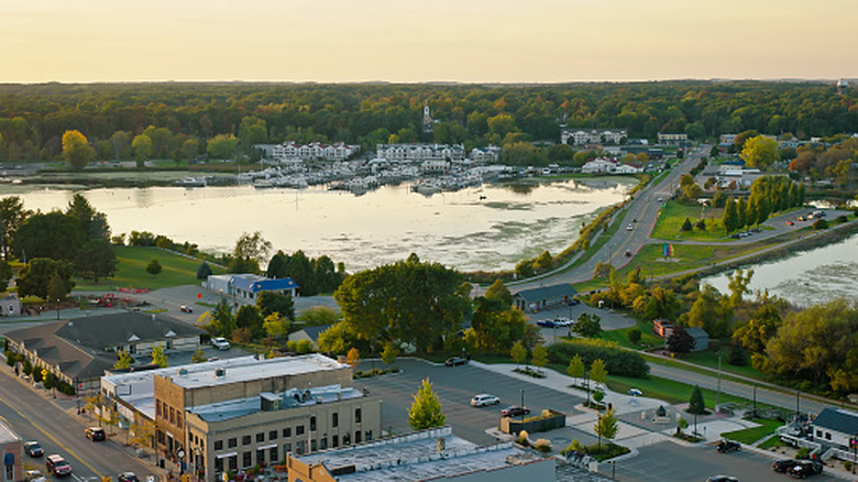 Aerial of Whitehall, Michigan, at sunset