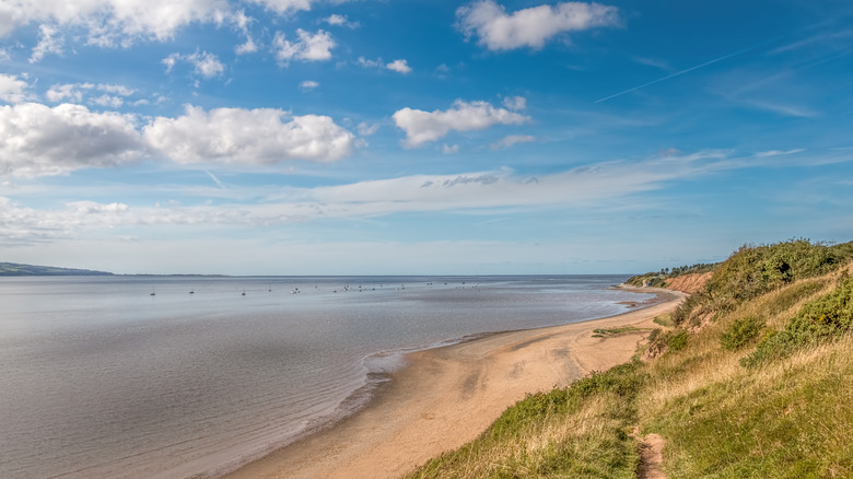 A wide view of Thurstaston beach on a sunny day.