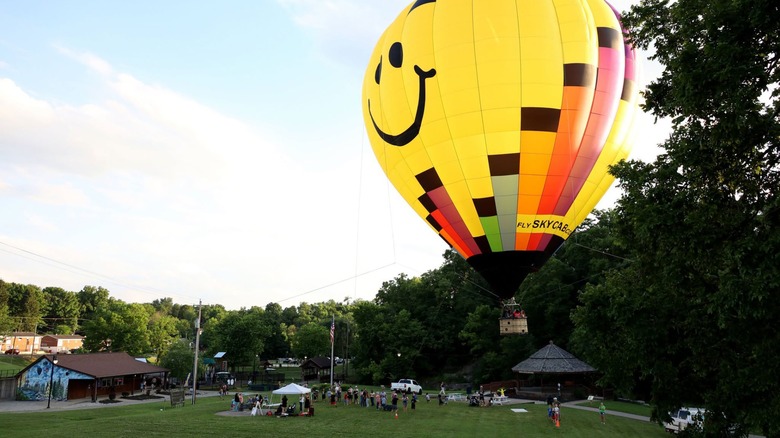 Bright yellow hot air balloon above Charlestown, Indiana