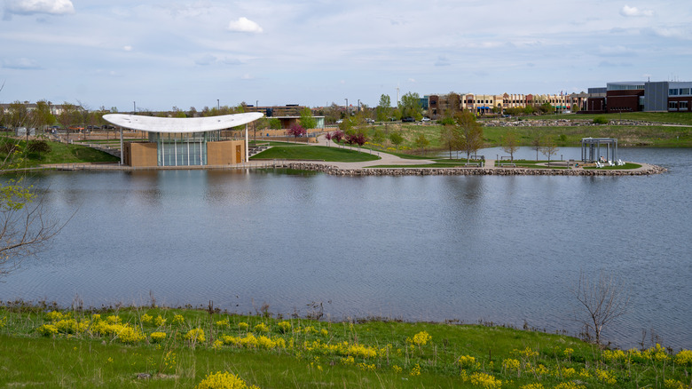 The Town Green park and community outdoor bandshell on the lake in Maple Grove, Minnesota