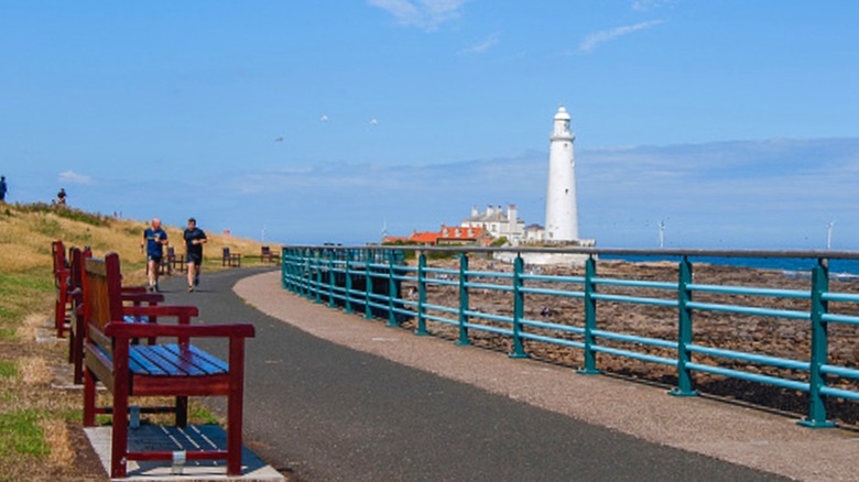 St Mary's Lighthouse standing on a small tidal island, Whitley Bay, England