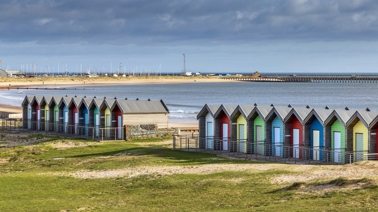 The colorful beach huts at Blyth Beach in Blyth, England