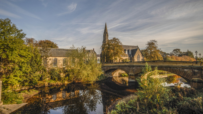 View of a church, some buildings, and a stone bridge in Morpeth across River Wansbeck