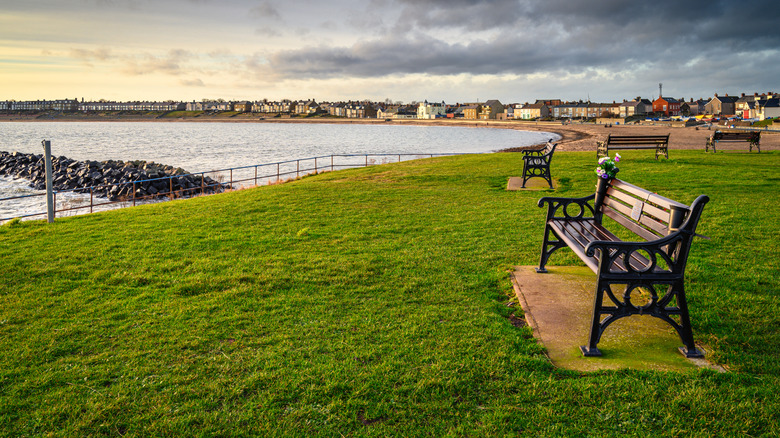 Benches on a vibrant green patch of glass overlooking the water beside a beach with buildings in the background on a cloudy day in Newbiggin-by-the-sea, England