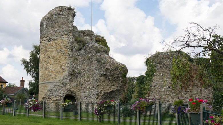 The ruins of 12th-century Bungay Castle with flowers and trees in front