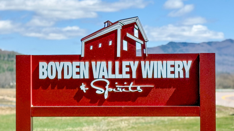 The red Boyden Valley Winery and Spirits sign near the farm in Cambridge, Vermont