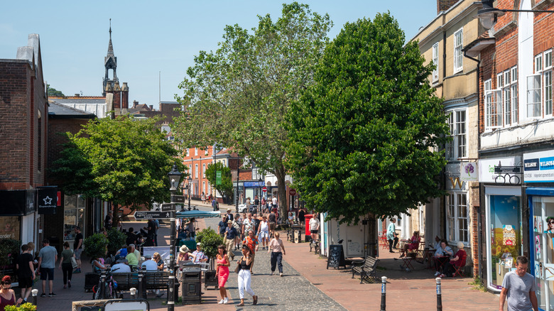 People strolling and sitting along Lewes' High Street with trees, shops and historic buildings on either side