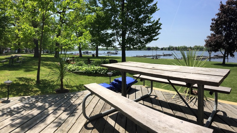 picnic table overlooking trees, grass, and lake at the Steinke Resort in Burr Oak, Michigan