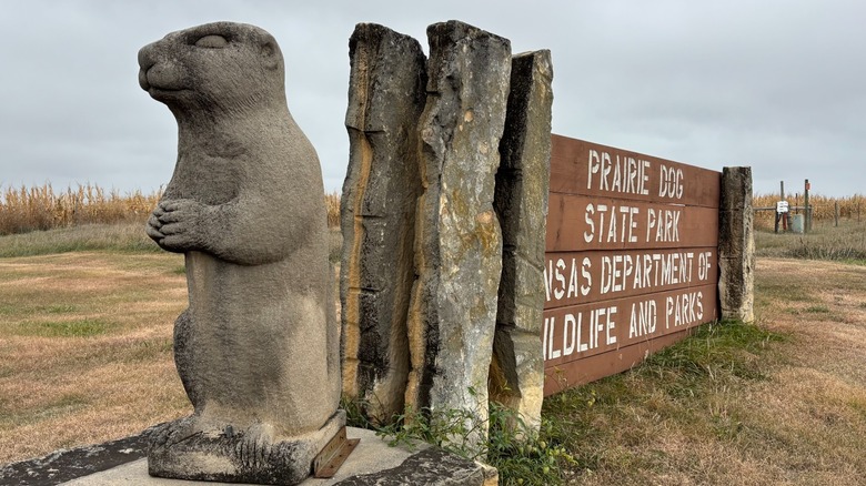 The prairie dog statue by the entrance sign at Prairie Dog State Park, Kansas, home to a colony of prairie dogs