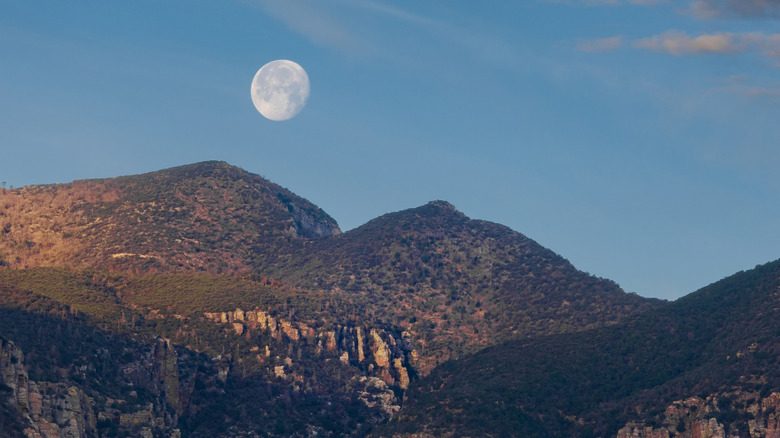 A full moon about to set over Arizona's Huachuca Mountains just after sunrise
