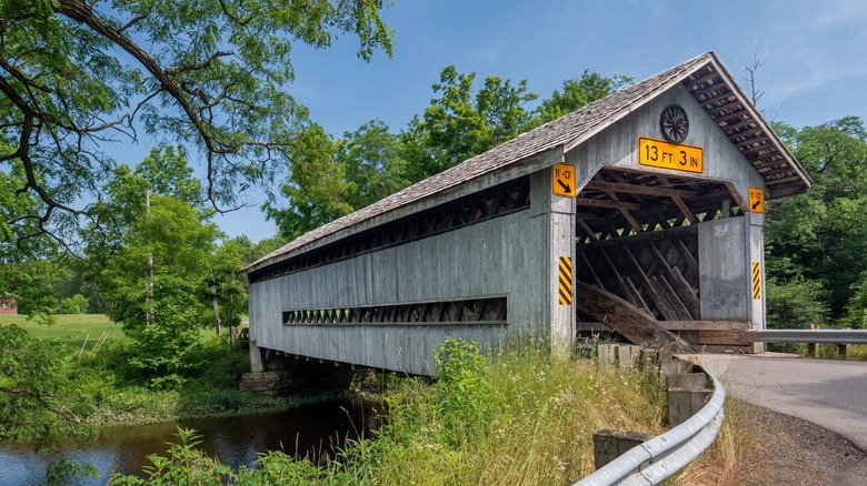 Exterior of Doyle Road Covered Bridge with greenery