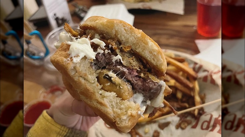 OMG burger from YAKS on the 5 with cream cheese, lemon marmalade, and fried jalapeños