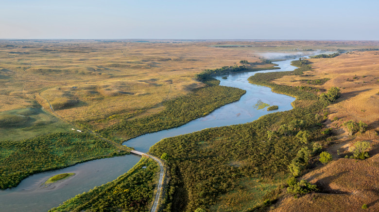 Aerial shot of the Dismal River and Nebraska Sandhills at Nebraska National Forest