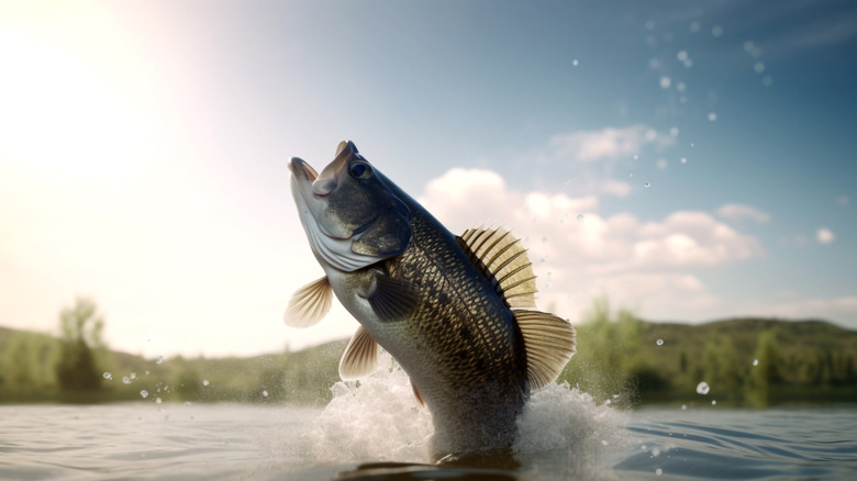 Large-mouth bass jumping out of water