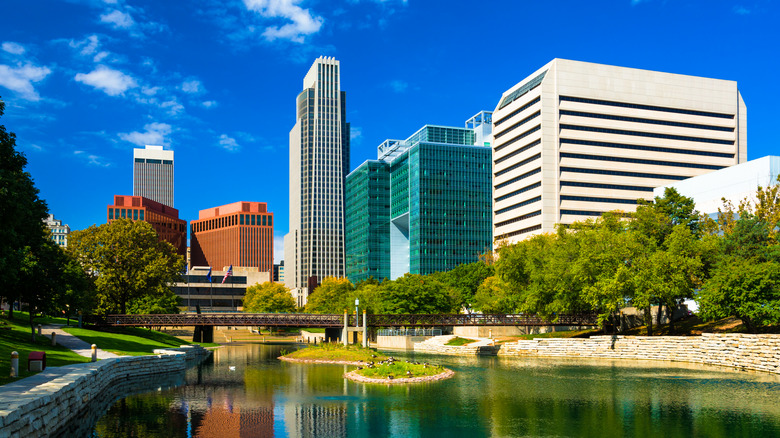 Riverfront trails by the Missouri River traverse the downtown area of Omaha, Nebraska