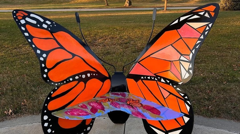 Butterfly shaped bench in pattern of a Monarch butterfly in Halleck Park, Papillion, Nebraska