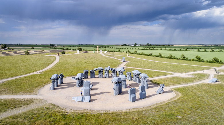 Aerial view of the Carhenge roadside attraction in Alliance, Nebraska