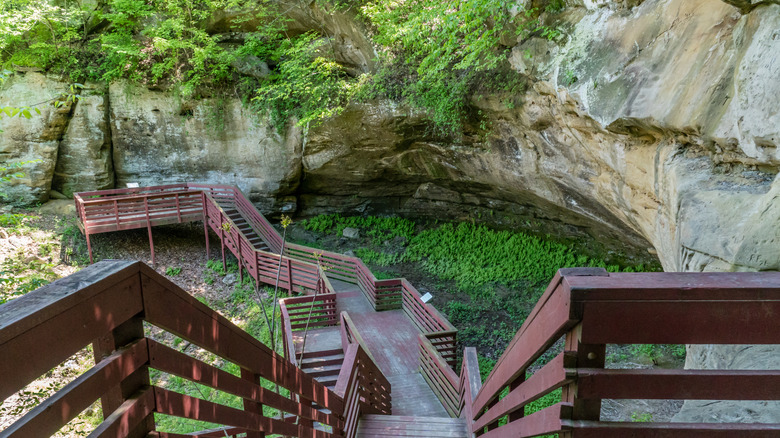 The accessible boardwalk passing Indian Cave in Indian Cave State Park, Nebraska