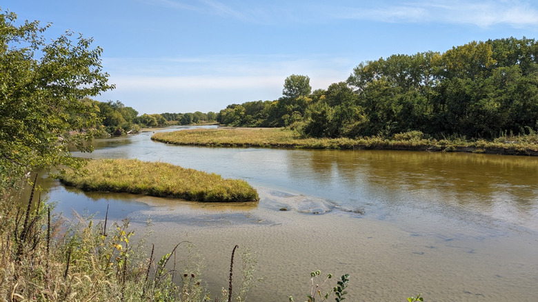 Trees and grass surrounding the Elkhorn River on the Cowboy Trail near Norfolk, Nebraska