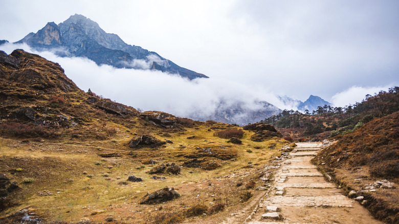 A trail leads through the Sagarmatha National Park in Nepal