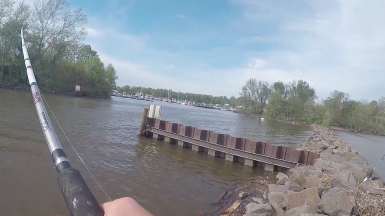 Fishing with a line in the Delaware River in Neshaminy State Park, Bucks County, Pennsylvania