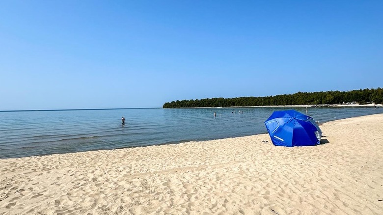 A lone person swimming at a beach with an umbrella on it