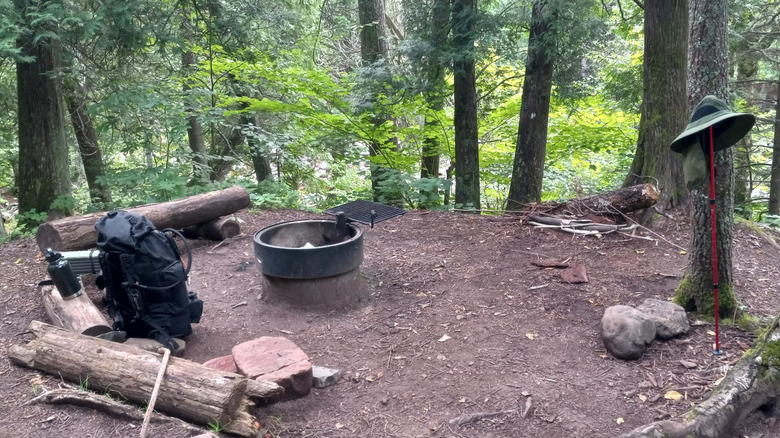 A rustic campsite at George H. Crosby Manitou State Park, with log bench, fire grate, and backpack