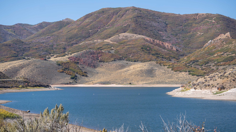 Green rolling hills rise from East Canyon Reservoir