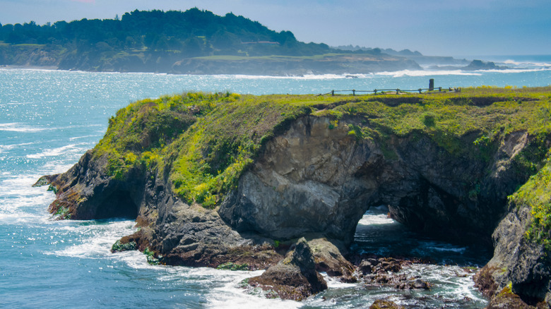 Waves crash around a sea cave near Little River Blowhole, along the Mendocino Coast.