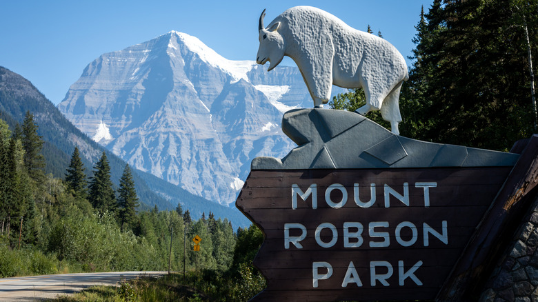 Mount Robson Provincial Park Sign with mount Robson in background