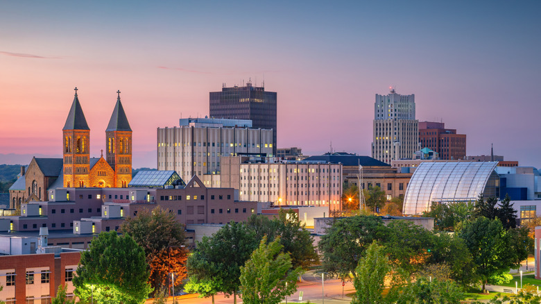 Cityscape image of Akron, Ohio, USA with an autumn sunset