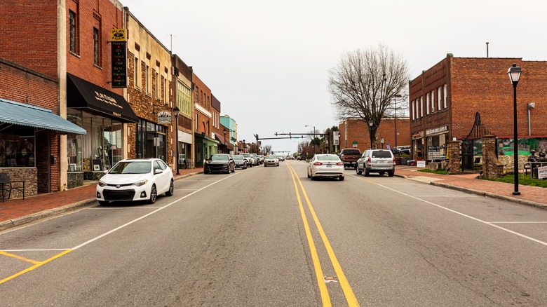 Wide angle view of Main Street in Valdese, North Carolina