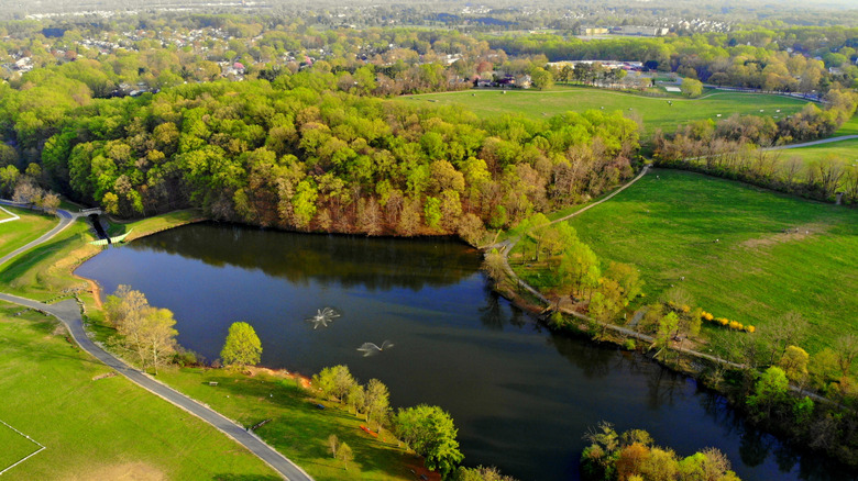 An aerial view of the Enchanted Lake at Carousel Park