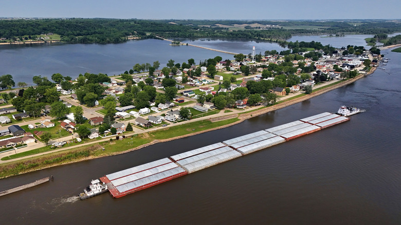 river cargo barges sailing past Sabula island