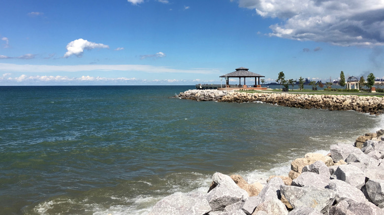 The waterfront gazebo in Whiting Lakefront Park, next to Whihala Beach, in Whiting, Indiana