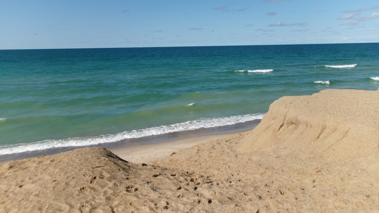 A view of Lake Michigan and sand dunes on the shore