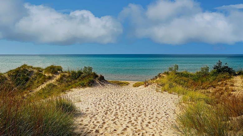 Lake Michigan seen from a sandy beach shore at Indiana Dunes State Park