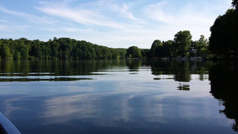 Clear lake surrounded by green trees under a cloudy blue sky, with a home and boats along the shore in the background