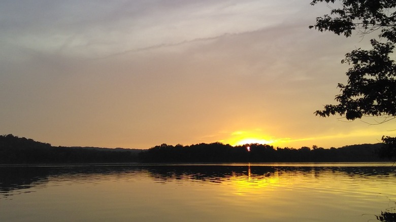 Charles Mill Lake, Ohio, during sunset, with the colors reflecting on the water
