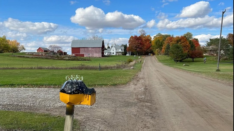 A dirt road in a scenic rural area in Webberville, Michigan with a farm in the background