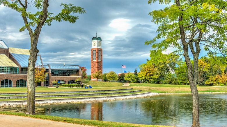 Campus walkway and Cook Carillon Tower on Grand Valley State University campus