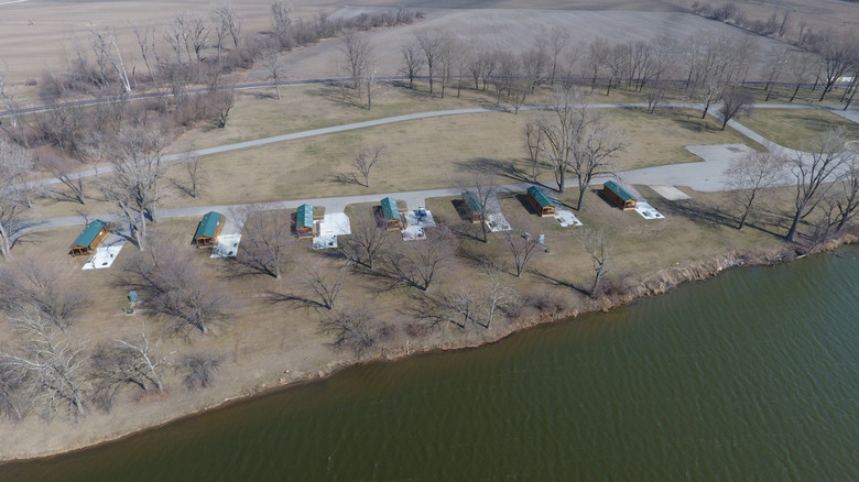 Aerial view of premium cabins at Big Lake State Park in Missour